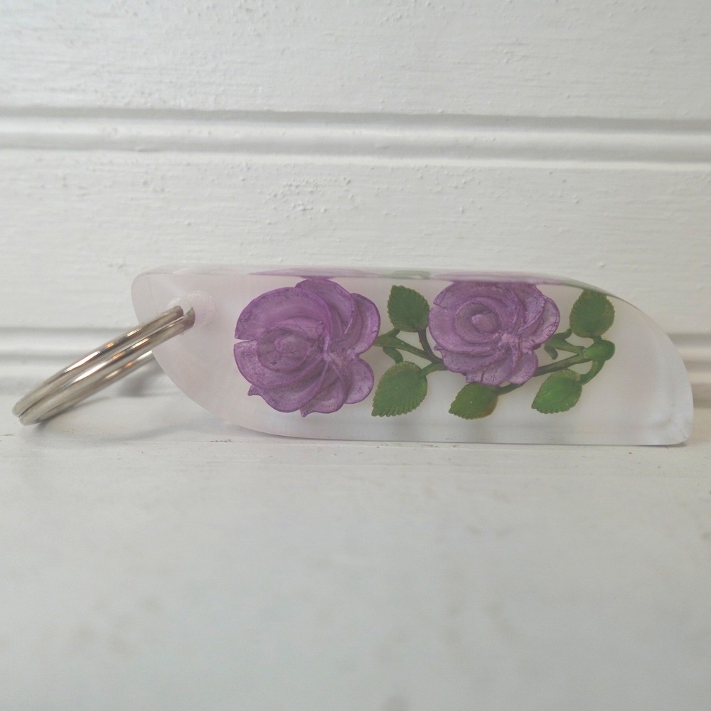 Purple Flower Keychain Bag Charm Two Stem Roses Handmade Resin Fob Holder - Picture 2 of 8